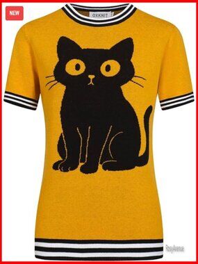 Vintage Cat Print Short Sleeve T-Shirt, Cotton Crewneck Blouse, Retro Casual Tee
